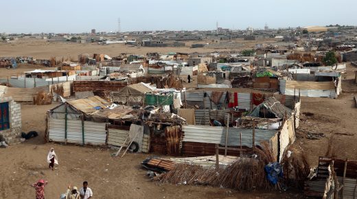 A picture taken on May 19, 2018 shows a general view of houses affected by by Tropical Cyclone Sagar in the Yemeni port city of Hodeidah. - Tropical Cyclone Sagar made landfall in Yemen late in the morning on May 19. (Photo by ABDO HYDER / AFP)